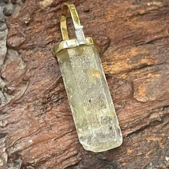 Solid 14K Yellow Gold Natural Rough Aquamarine and Baguette Diamond Pendant Char - Picture 2 of 3